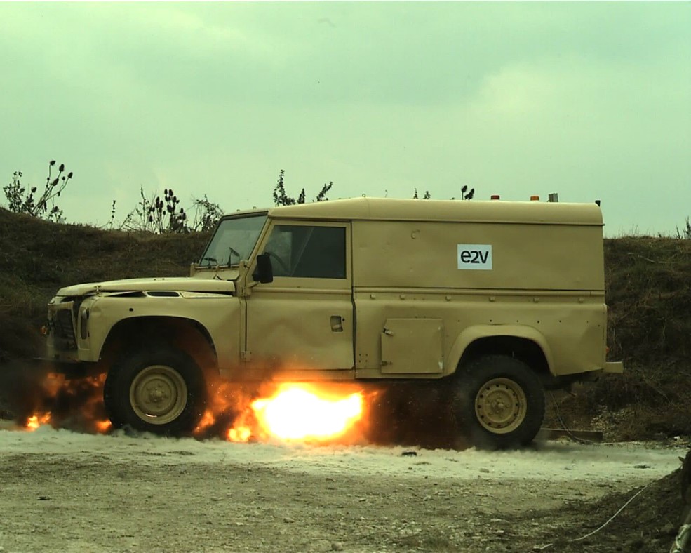 Land Rover 110 Vehicle Supplied by Hobson Industries Being Used to Check the AMPS Sensor/Control System Function. Demonstrating that the ABBS Active Mine Protection Systems (AMPS) technology can measure the mine blast strength and react accordingly. This test was demonstrating that the system does not fire for a small charge such as a hand grenade or AP mine. 