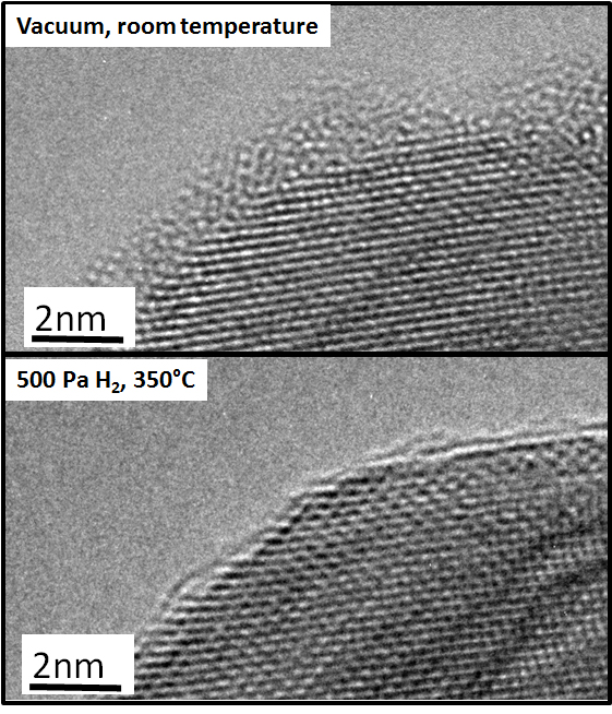 Figure 2: Palladium surface with initial oxide layer imaged in vacuum and the same surface image under reducing conditions at 350°C