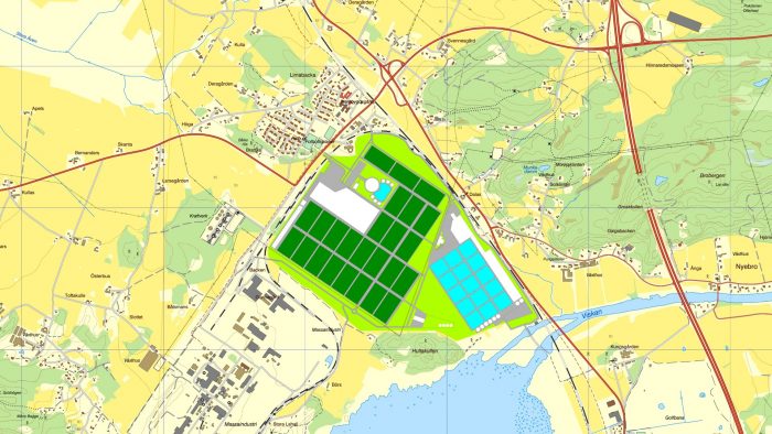 an industrial area where fish and vegetables are to be produced in a completely circular infrastructure. The area is located next to a large industry to utilise energy, heat and electricity, and other local resources