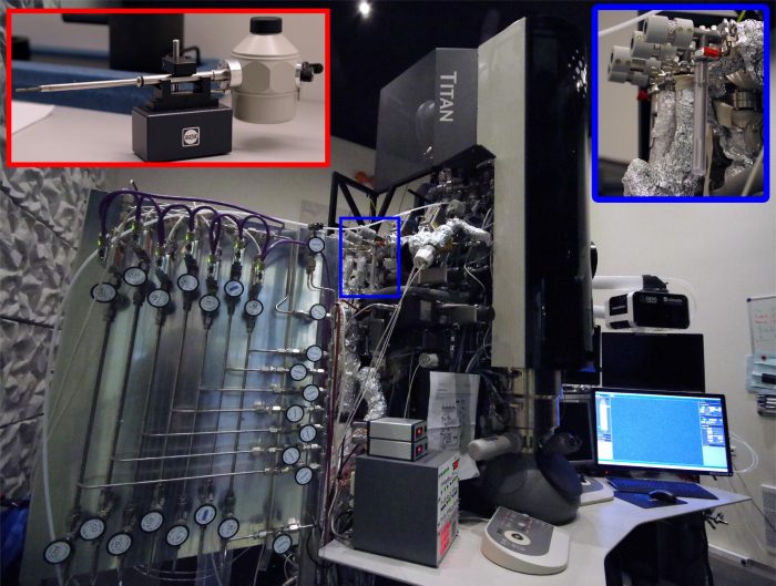 Figure 2: (a) FEI TITAN E-Cell 80-300 ST Environmental TEM, equipped with gas cell and gas mixing system. (Right inset) Glass vial with organic precursor attached to one of the gas lines. (Left inset) Cryo Gatan TEM sample holder.