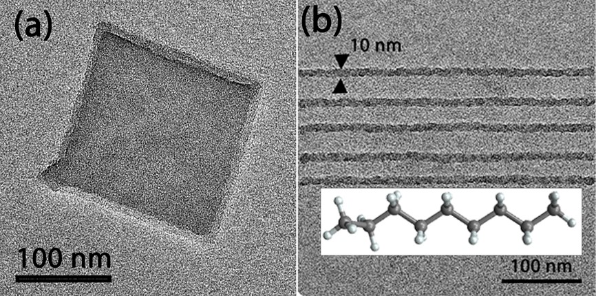 Figure 3: (a) 150x150 nm2 square area and (b) parallel lines patterned on n-nonane (inset) organic ice in ETEM