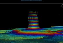 3D looks of wind farm turbine foundation standing on the sea floor measured using Coda Octopus 3D_Echoscope Sonar Sounder.