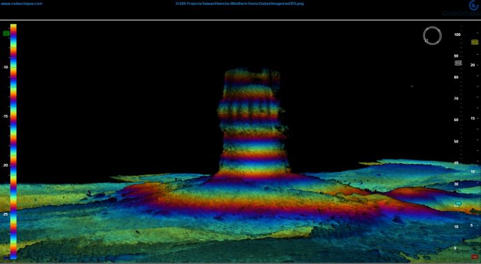 3D looks of wind farm turbine foundation standing on the sea floor measured using Coda Octopus 3D_Echoscope Sonar Sounder.