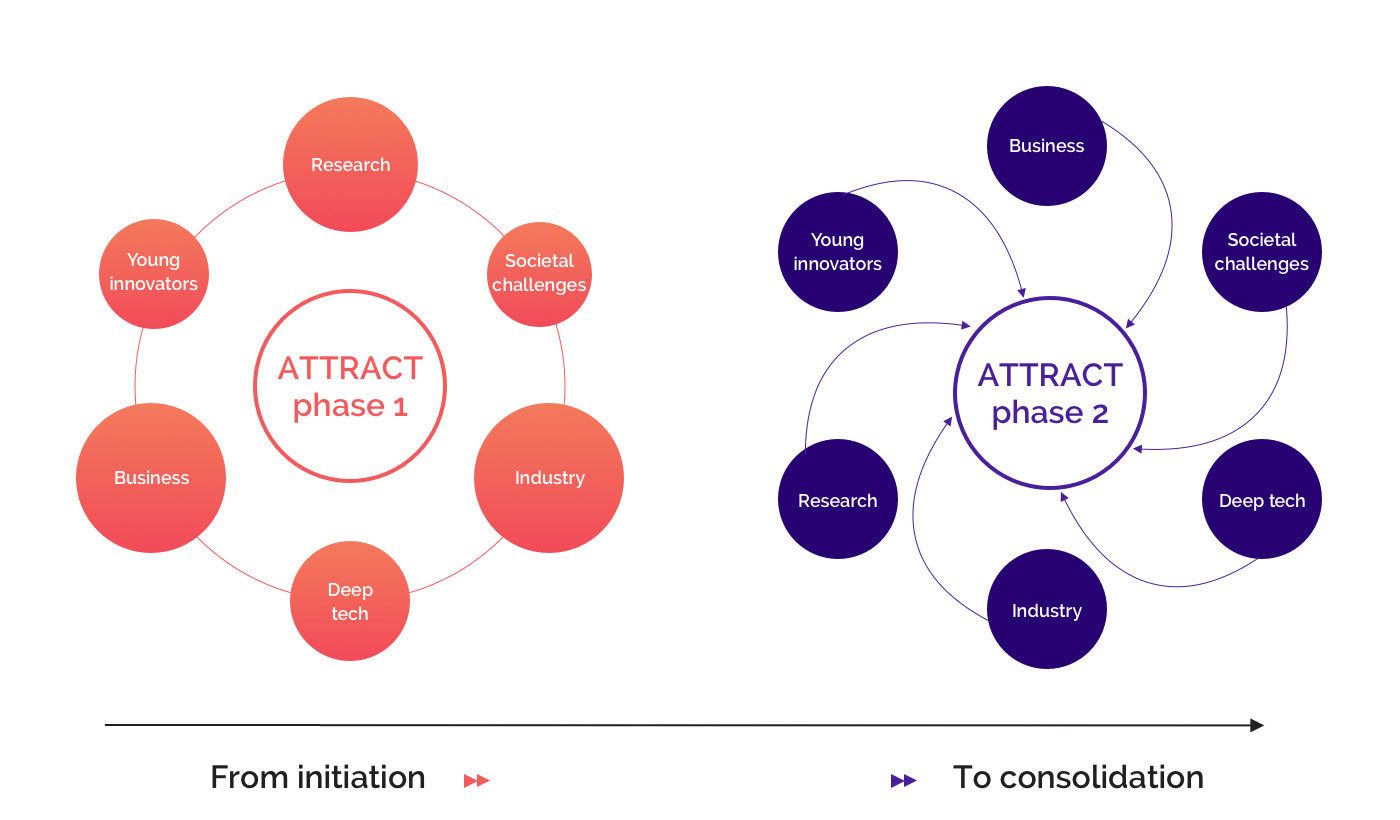 Fig. 4. ATTRACT phase 1 initiated the ATTRACT R&D&I ecosystem by identifying its key actors and enabling the kick-start of breakthrough technology projects. ATTRACT phase 2 will enrich opportunities to strengthen their collaborative interactions.