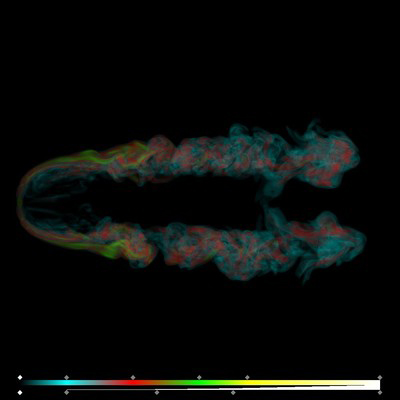 Photo credit Brian, O'Neill, T. W. Jones, Chris Nolting and Peter Mendygral, 2019 Simulation of radio galaxy jets propagating through an intergalactic wind.