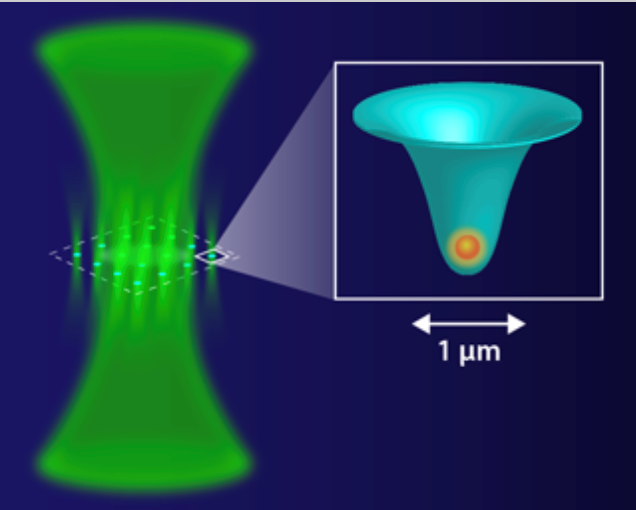 Fig. 1 Optical tweezer arrays are formed using focused laser beams. Each site in the array can trap a single atom with a spatial resolution of less than one micrometer. (Taken from Antoine Browaeys, Physics 11, 135 (2018) with permission.)