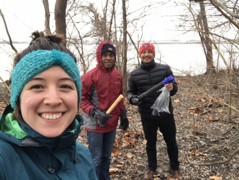 Emily Davenport, Tahina Ranaivoarisoa, and Rajesh Singh sampling soils at Ellis Island, Alton, MO, a freshwater wetland ecosystem. Credit – Emily Davenport