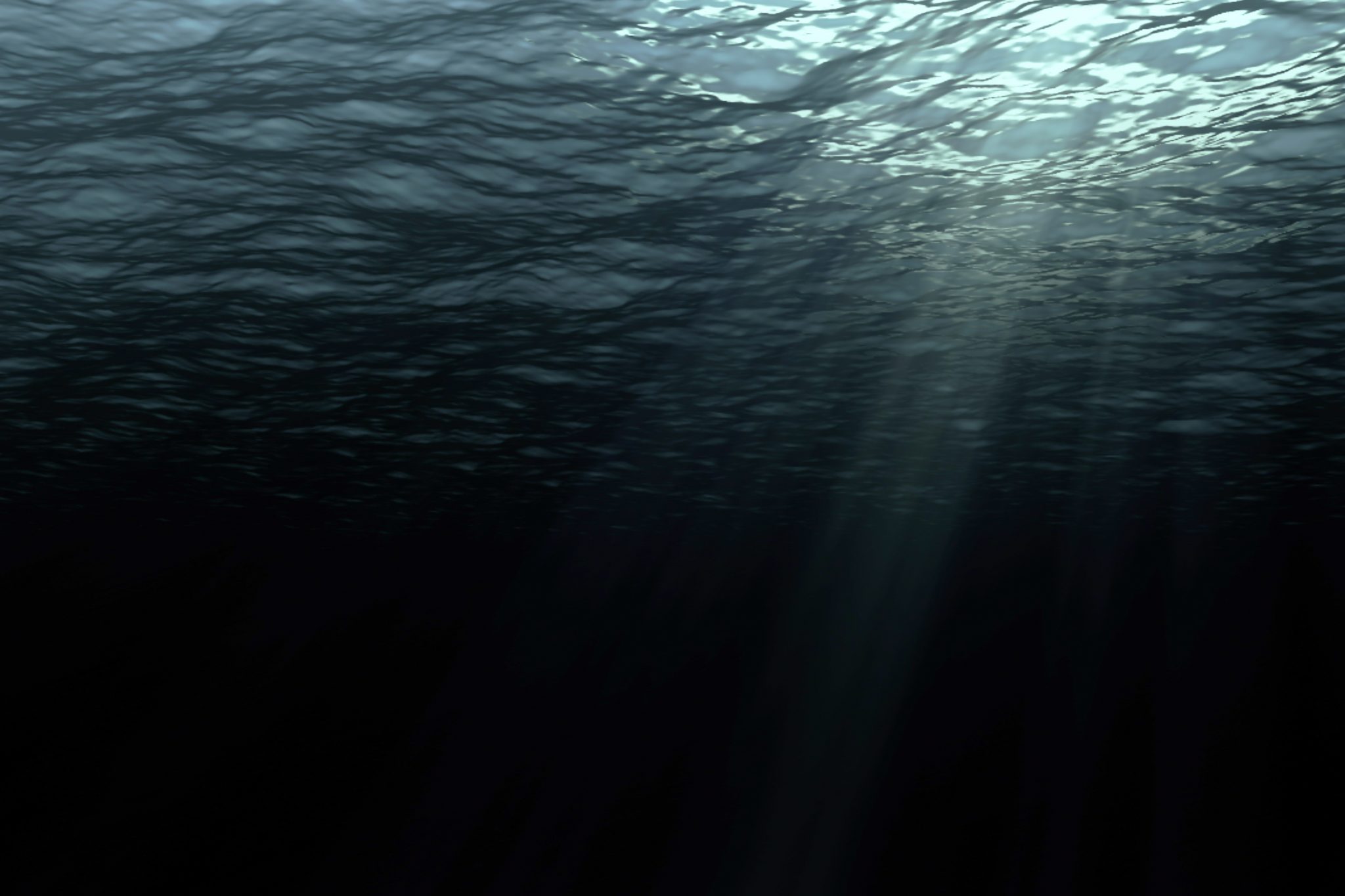 Черная вода далеко. Темные глубины. В толще воды. Под водой темно. Темные глубины океана.
