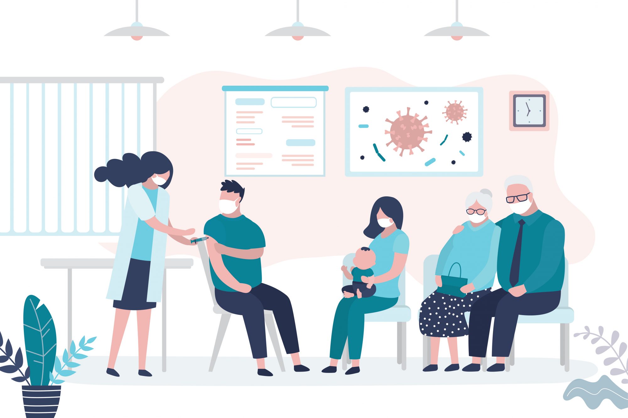 Nurse makes injection of flu vaccine to man proving immunology. Masked people wait in line for coronavirus vaccine. Elderly patients came for vaccination. Concept of healthcare and prevention. Flat vector illustration