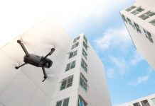 Delivery drones outside a hospital building
