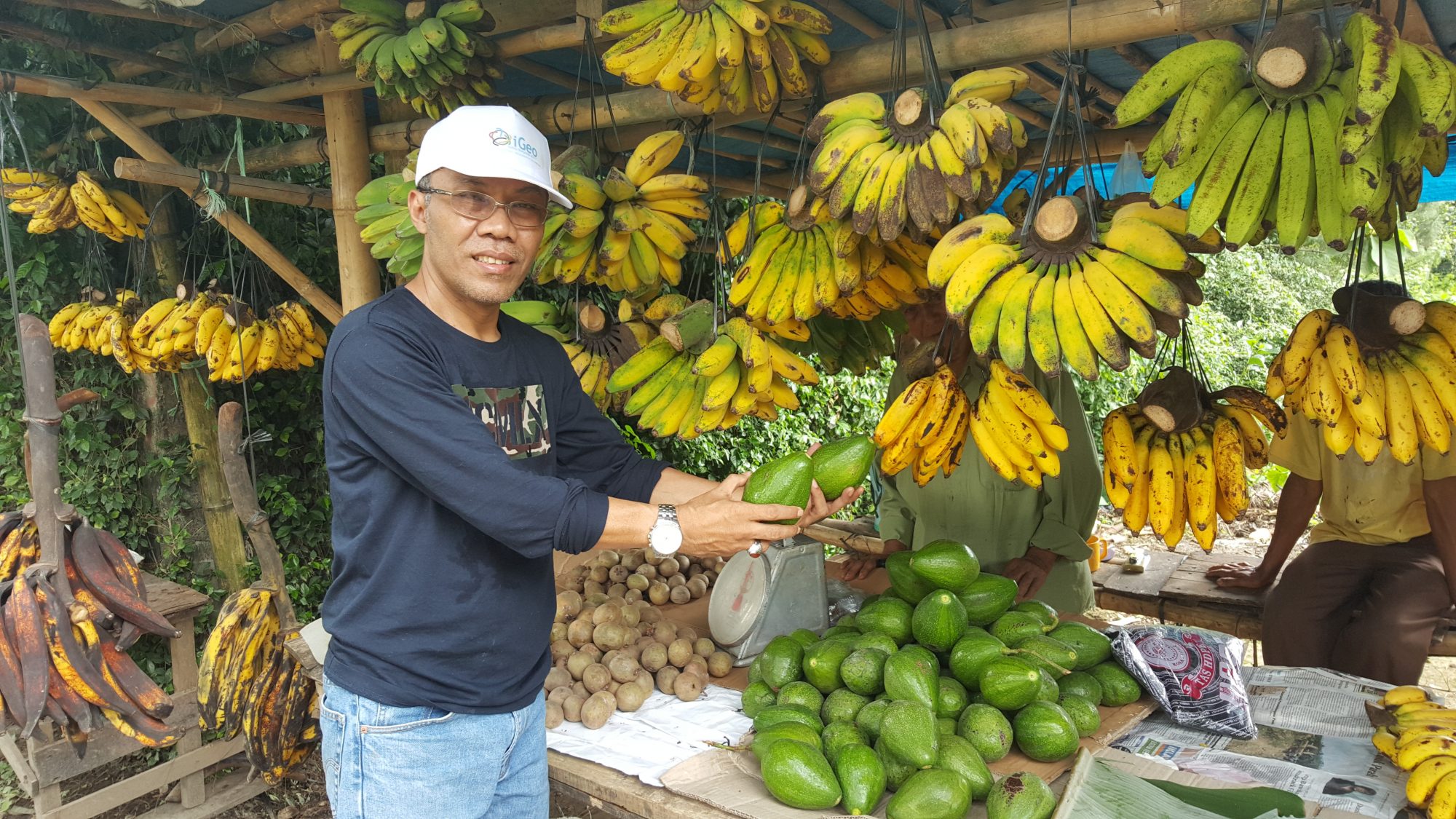 Man selling bananas and avocados on street market