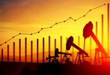 3d illustration of oil pump jacks on sunset sky background. Concept of growing oil prices