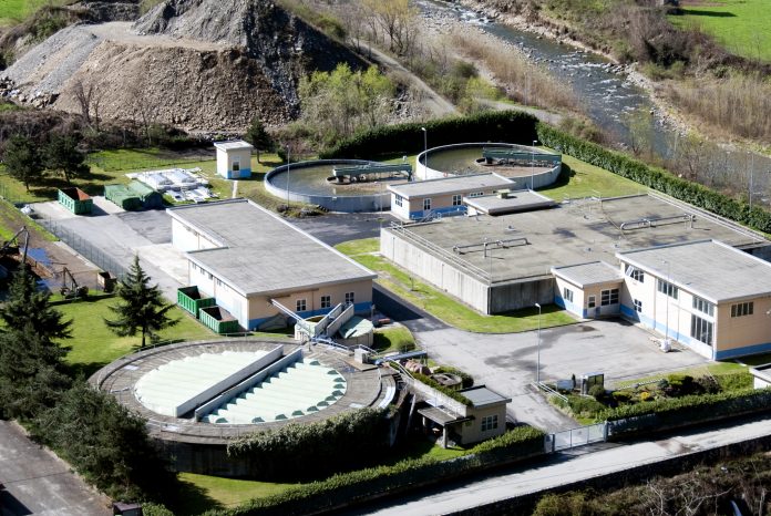 A water treatment plant with two treatment ponds viewed from the air