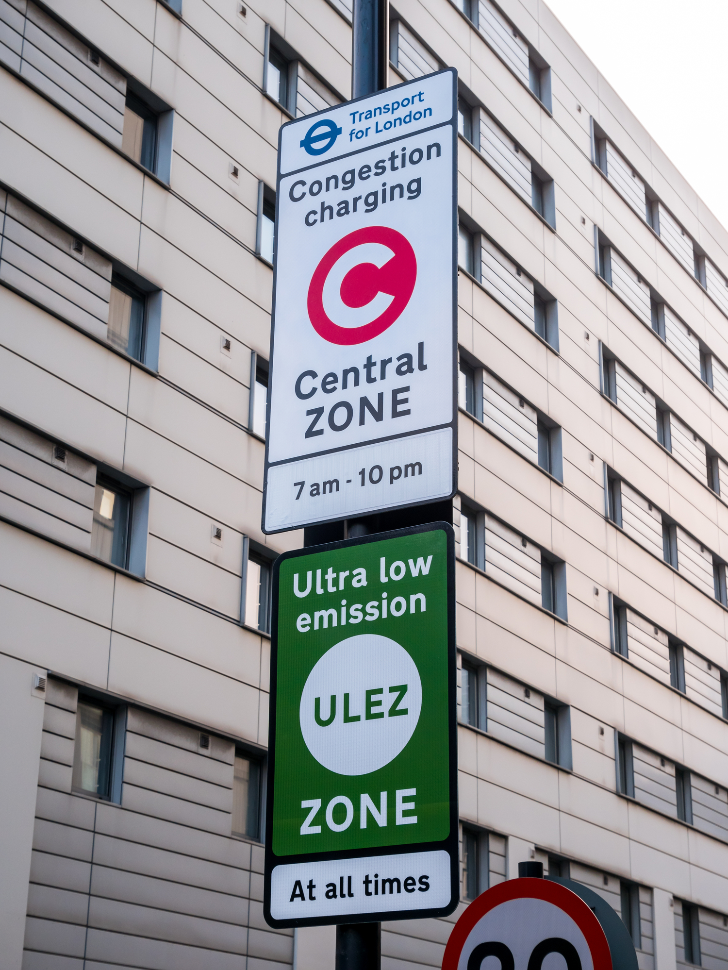 New road signs for congestion charging zones and green Ultra low emission zones