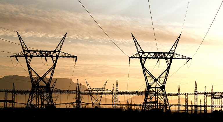 Table mountain view with power lines in the foreground, Plattekloof, Capetown, South Africa.