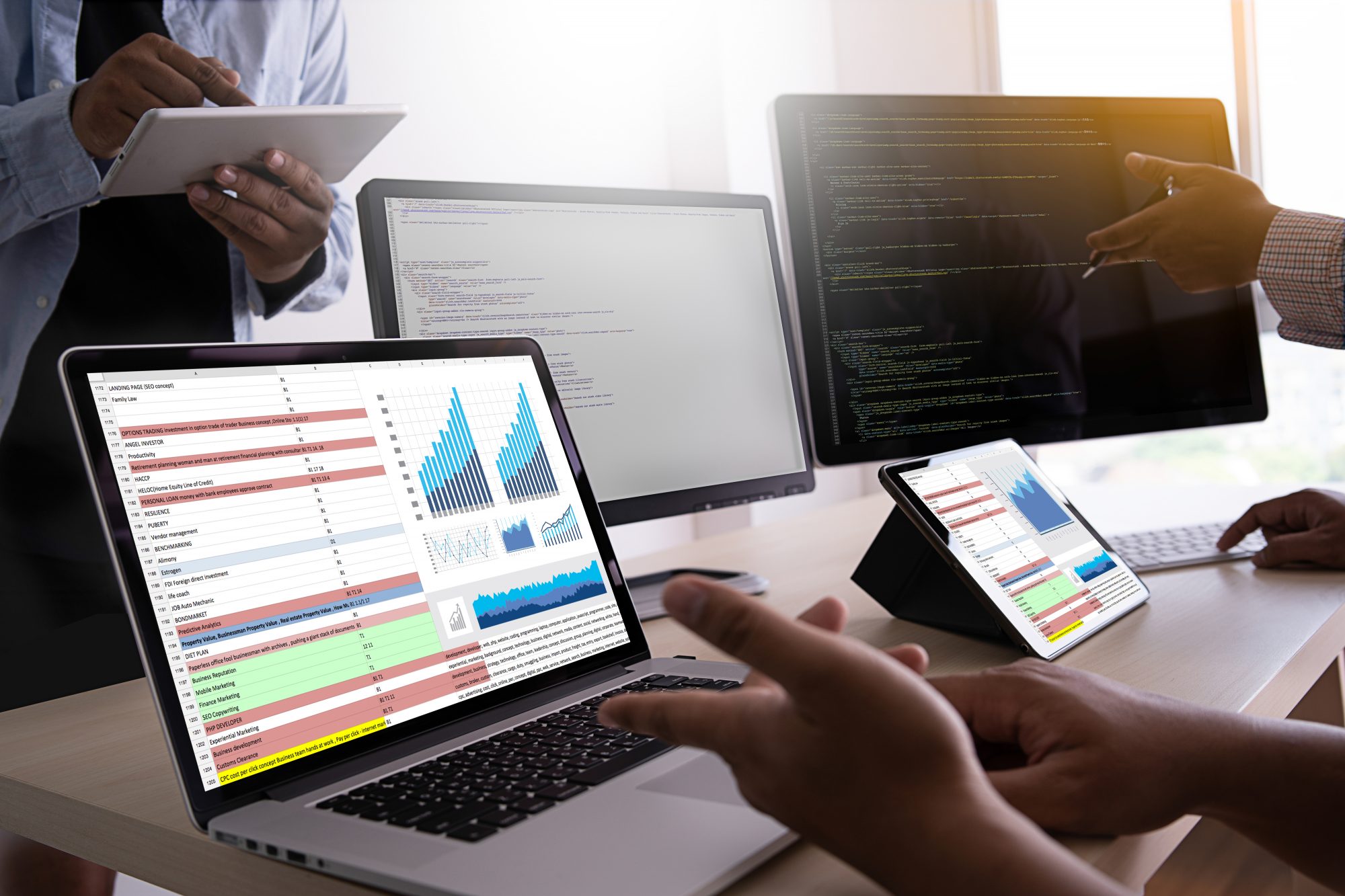 woman on computer looking at Data Analytics Statistics Information Business Technology