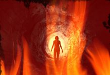 Woman walking into tunnel of fire; symbolising what someone might see on a psychedelic or hallucinogenic trip