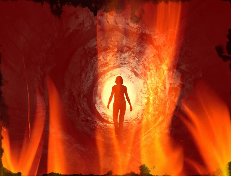 Woman walking into tunnel of fire; symbolising what someone might see on a psychedelic or hallucinogenic trip