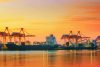 twilight sky at shipping port use for vessel, nautical import and export transport logistic industry