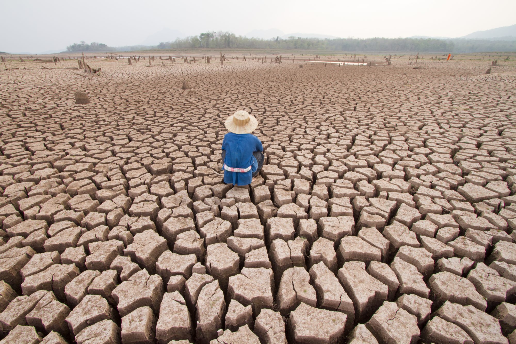 Man sat on arid ground amid climate change disaster and drought
