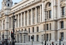 Government building, treasury, at the Horse parade square. London, UK