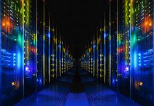 Corridor of colourful data centres, servers, supercomputers