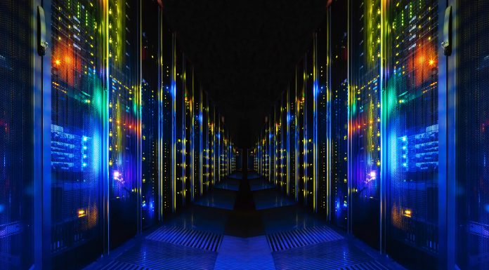 Corridor of colourful data centres, servers, supercomputers