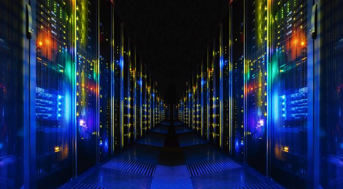 Corridor of colourful data centres, servers, supercomputers