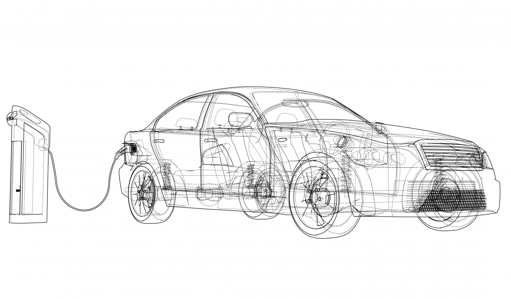 Electric Vehicle Charging Station Sketch. Vector rendering of 3d. Wire-frame style. The layers of visible and invisible lines are separated