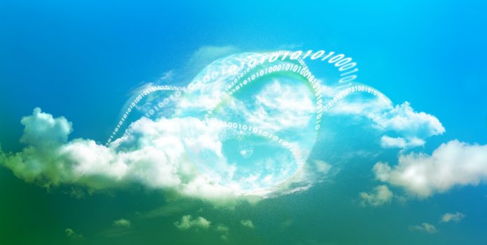 Concept of cloud services, blue sky with cloud and computer symbols