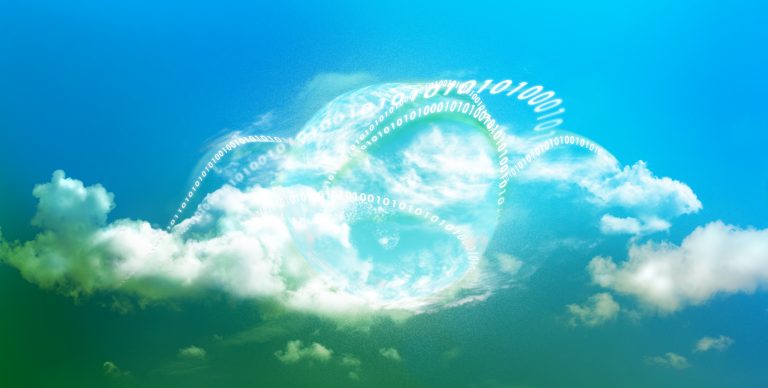 Concept of cloud services, blue sky with cloud and computer symbols