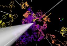 The coloured lines show how cosmic rays are deflected in magnetic fields. The white straight lines represent a large-scale magnetic field. In addition, small-scale magnetic fields not shown here act on the paths of the particles (coloured lines). Credit: RUB, Dr. Lukas Merten