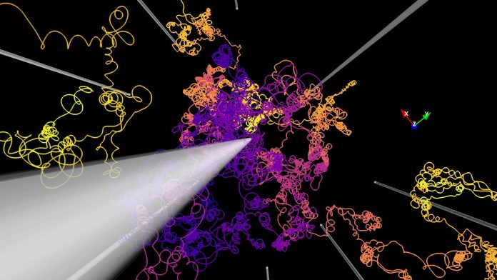 The coloured lines show how cosmic rays are deflected in magnetic fields. The white straight lines represent a large-scale magnetic field. In addition, small-scale magnetic fields not shown here act on the paths of the particles (coloured lines). Credit: RUB, Dr. Lukas Merten