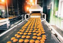 Bakery production line with sweet cookies on conveyor belt in confectionery factory workshop, food production manufacturing