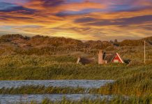 Small red house surrounded by beautiful grassy dunes under a sunset on the Danish west coast