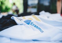 The logo of Erasmus on a white t-shirt with blurred background
