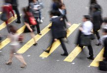 social value, workplace, Overhead View Of Commuters Crossing Busy Street