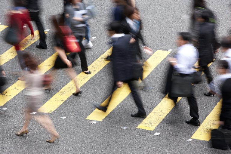 social value, workplace, Overhead View Of Commuters Crossing Busy Street