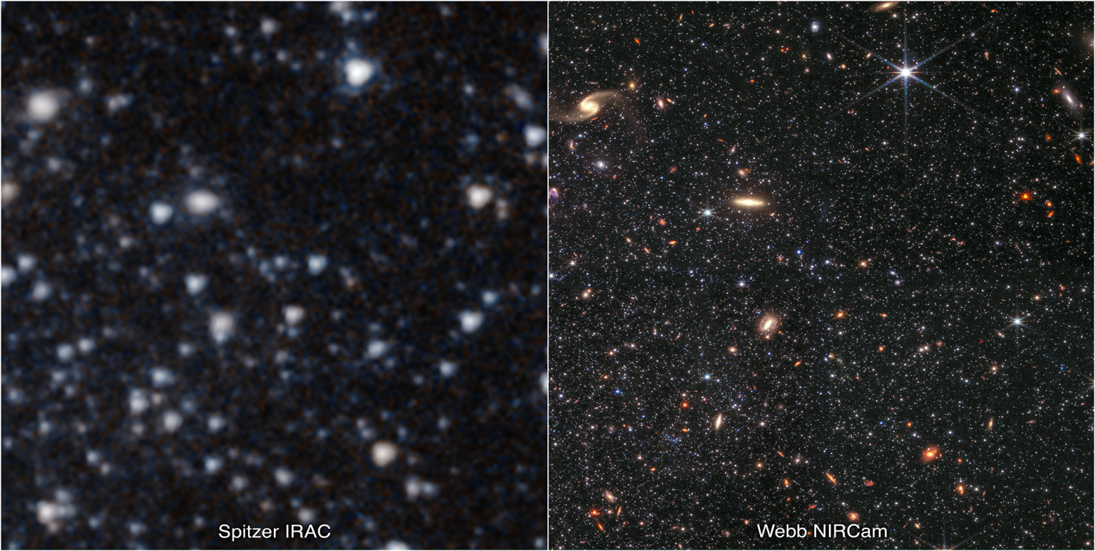 A portion of the dwarf galaxy Wolf–Lundmark–Melotte (WLM) captured by the Spitzer Space Telescope’s Infrared Array Camera (left) and the James Webb Space Telescope’s Near-Infrared Camera (right). The images demonstrate Webb’s remarkable ability to resolve faint stars outside the Milky Way. The Spitzer image shows 3.6-micron light in cyan and 4.5-micron in orange (IRAC1 and IRAC2). The Webb image includes 0.9-micron light shown in blue, 1.5-micron in cyan, 2.5-micron in yellow, and 4.3-micron in red (filters F090W, F150W, F250M, and F430M). Download the full-resolution version from the Space Telescope Science Institute. SCIENCE CREDIT: NASA, ESA, CSA, STScI, and Kristen McQuinn (Rutgers University). IMAGE PROCESSING: Alyssa Pagan (STScI).