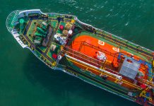 Aerial view oil and gas chemical tanker in open sea, Refinery Industry cargo ship