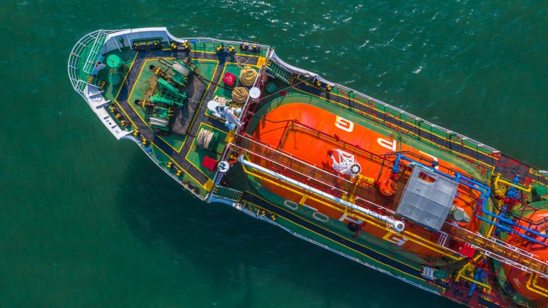 Aerial view oil and gas chemical tanker in open sea, Refinery Industry cargo ship