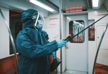 Cleaning and Disinfection at train, coronavirus epidemic. Infection prevention and control of epidemic