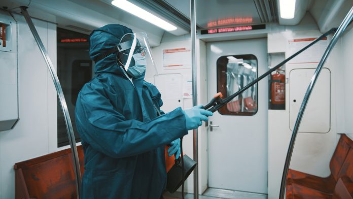 Cleaning and Disinfection at train, coronavirus epidemic. Infection prevention and control of epidemic