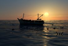 Refugees in boat on sea against sunset or sunrise