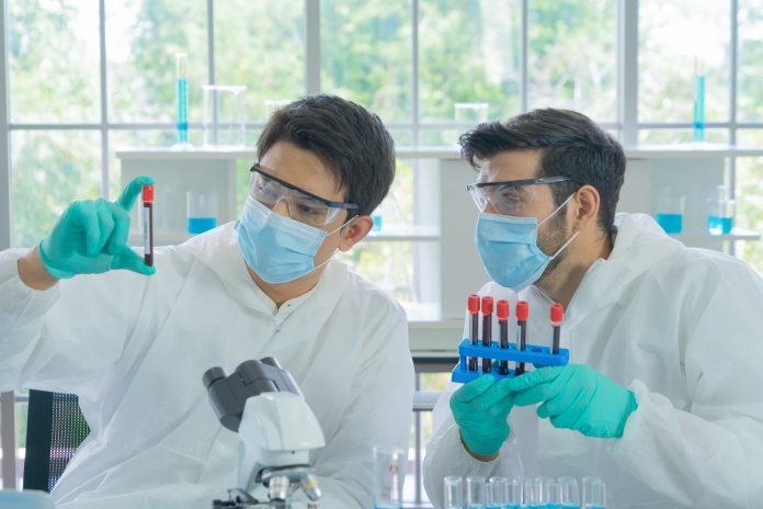 Two scientists wearing masks working in lab inspecting test tubes