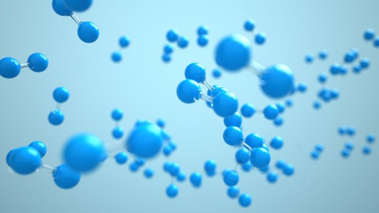 H2 hydrogen molecule in the liquid. 3d illustration