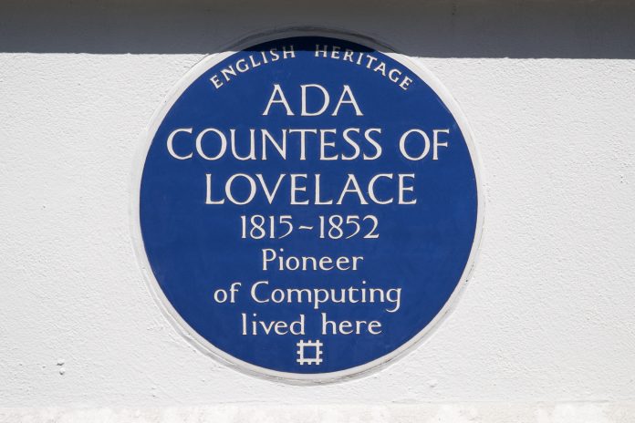 Blue plaque remembering Ada Lovelace on wall in London