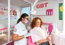 dentist and patient sat in chair looking in mirror