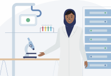 graphic of scientist in lab - ai and machine learning in healthcare concept