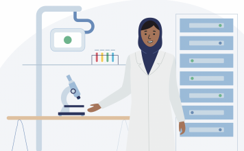 graphic of scientist in lab - ai and machine learning in healthcare concept